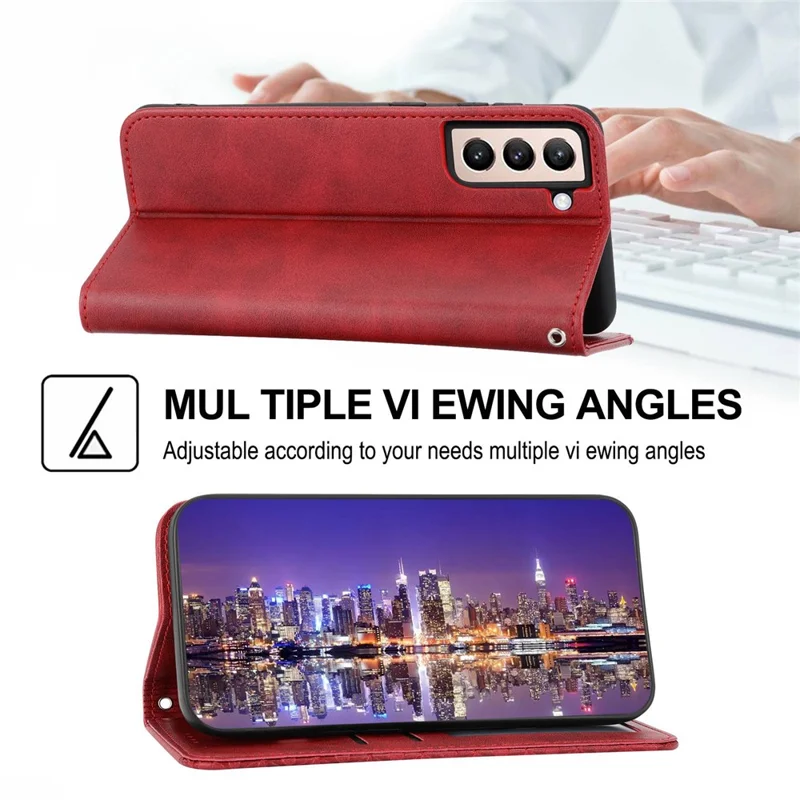 For Samsung Galaxy S22 5G Imprinted Rhombus Pattern Wallet Stand Phone Case Calf Texture PU Leather Shockproof Cover with Strap - Red