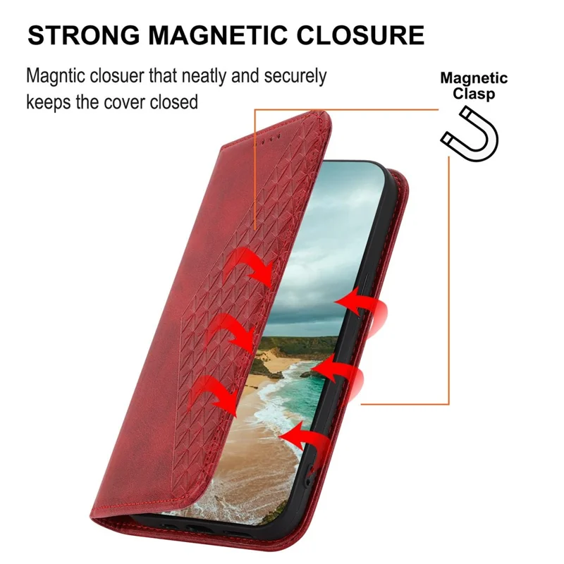 For Samsung Galaxy S22 5G Imprinted Rhombus Pattern Wallet Stand Phone Case Calf Texture PU Leather Shockproof Cover with Strap - Red