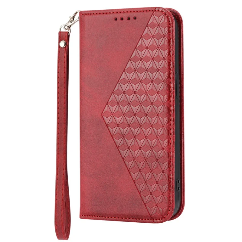 For Samsung Galaxy S22 5G Imprinted Rhombus Pattern Wallet Stand Phone Case Calf Texture PU Leather Shockproof Cover with Strap - Red