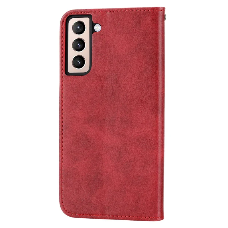 For Samsung Galaxy S22 5G Imprinted Rhombus Pattern Wallet Stand Phone Case Calf Texture PU Leather Shockproof Cover with Strap - Red