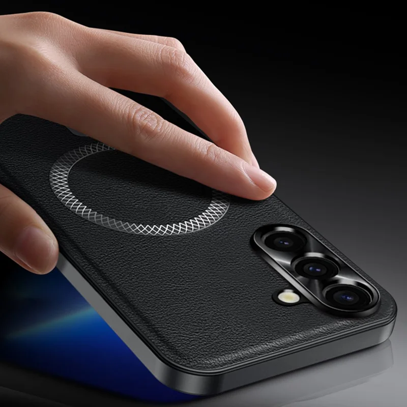 For Samsung Galaxy A16 5G / A16 4G Magnetic Case PU TPU PC Phone Back Cover with Metal Lens Frame - Black