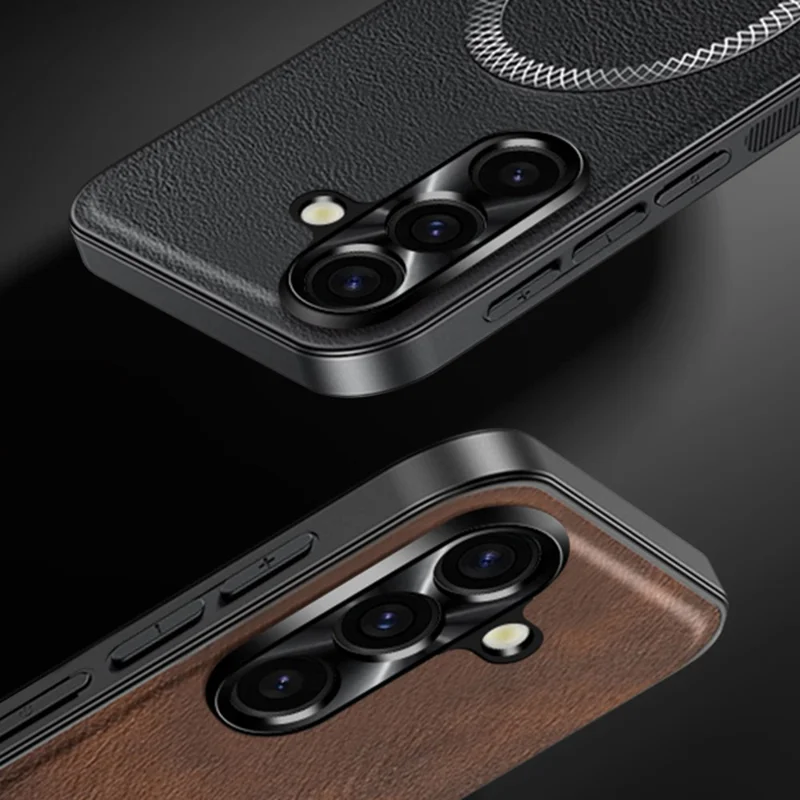 For Samsung Galaxy A16 5G / A16 4G Magnetic Case PU TPU PC Phone Back Cover with Metal Lens Frame - Black