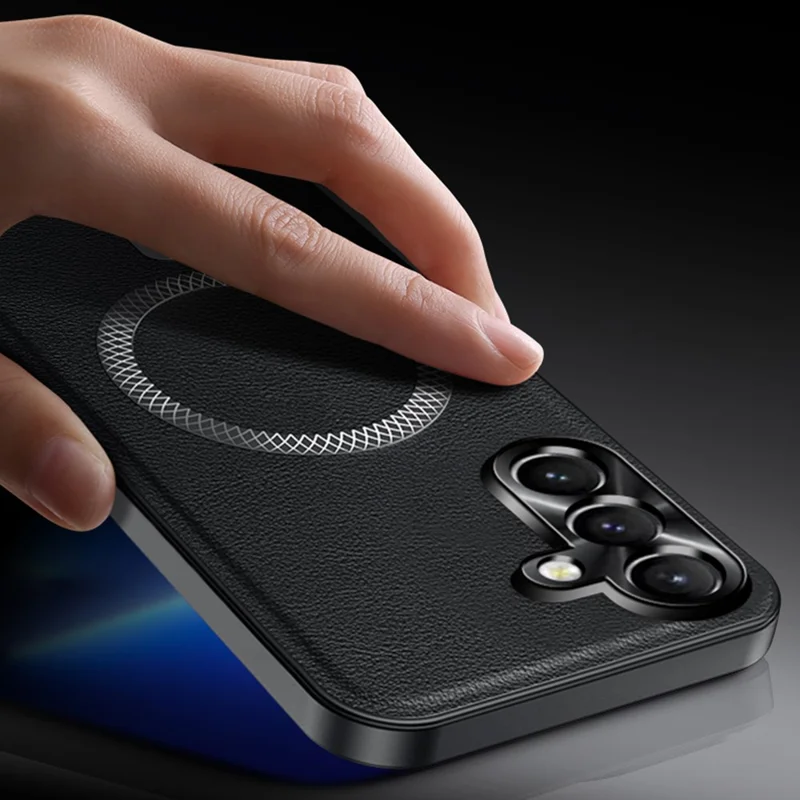 Für Samsung Galaxy A15 4G / A15 5G Hülle Kompatibel mit MagSafe PU TPU PC Handyrückseite mit Metall-Objektivrahmen - Schwarz