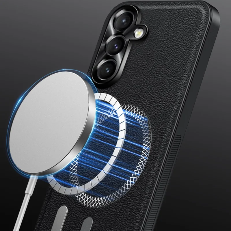 Für Samsung Galaxy A15 4G / A15 5G Hülle Kompatibel mit MagSafe PU TPU PC Handyrückseite mit Metall-Objektivrahmen - Schwarz