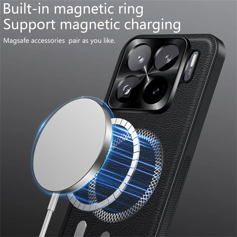 Чехол для Xiaomi 15 Pro, совместимый с MagSafe, из искусственной кожи, ТПУ и ПК, с металлической рамкой для объектива - Черный