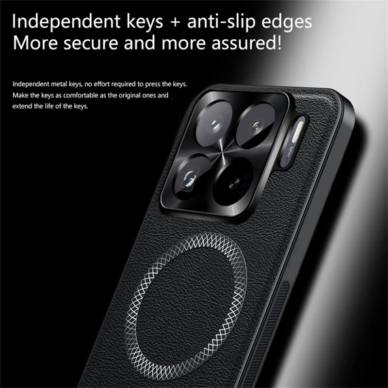Чехол для Xiaomi 15 Pro, совместимый с MagSafe, из искусственной кожи, ТПУ и ПК, с металлической рамкой для объектива - Черный