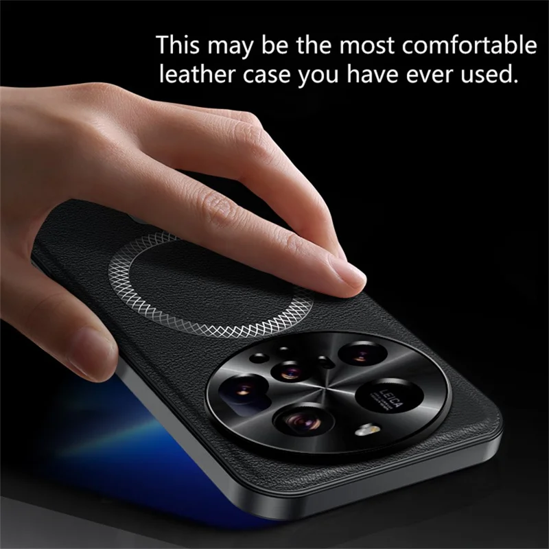 Para Xiaomi 15 Ultra Capa Compatível com MagSafe PU TPU PC Capa Traseira do Telefone com Moldura de Lente de Metal - Preto