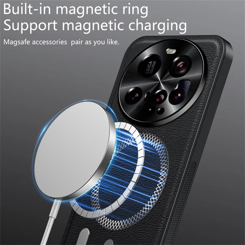 Para Xiaomi 15 Ultra Capa Compatível com MagSafe PU TPU PC Capa Traseira do Telefone com Moldura de Lente de Metal - Preto