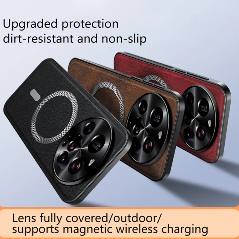 Para Xiaomi 15 Ultra Capa Compatível com MagSafe PU TPU PC Capa Traseira do Telefone com Moldura de Lente de Metal - Preto