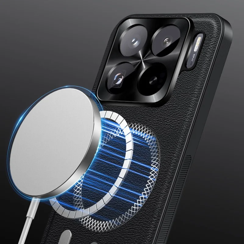 Pour Xiaomi 15S Pro Étui Compatible avec MagSafe PU TPU PC Coque Arrière de Téléphone avec Cadre d'Objectif Métallique - Noir