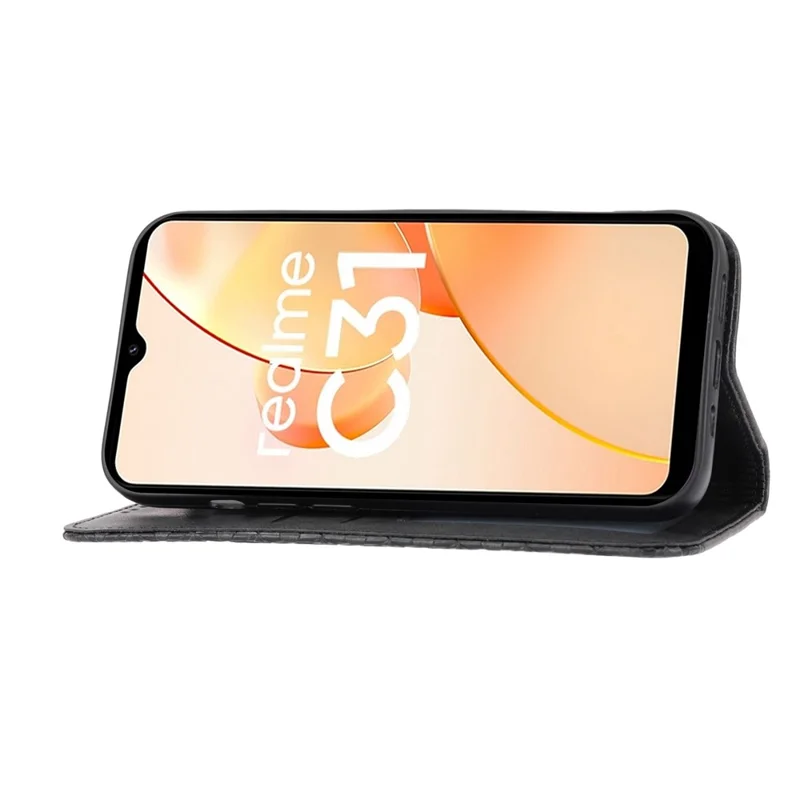 For Realme C31 Imprinted Rhombus Pattern Calf Texture Phone Case Magnetic Absorption PU Leather Wallet Stand Cover with Strap - Black