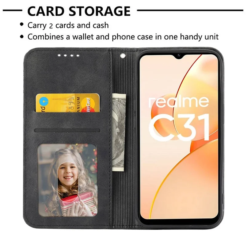 For Realme C31 Imprinted Rhombus Pattern Calf Texture Phone Case Magnetic Absorption PU Leather Wallet Stand Cover with Strap - Black