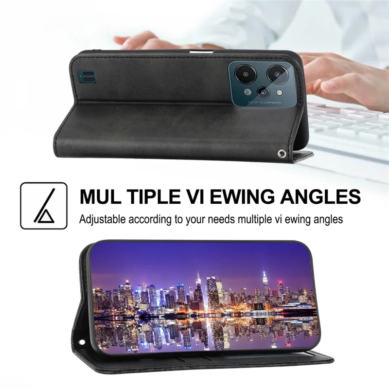 For Realme C31 Imprinted Rhombus Pattern Calf Texture Phone Case Magnetic Absorption PU Leather Wallet Stand Cover with Strap - Black