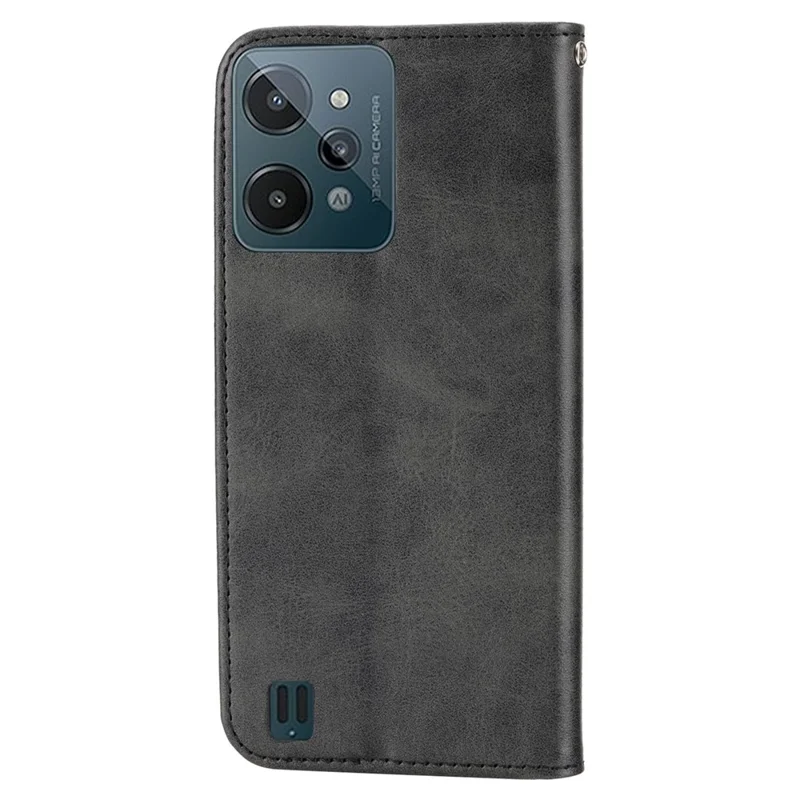 For Realme C31 Imprinted Rhombus Pattern Calf Texture Phone Case Magnetic Absorption PU Leather Wallet Stand Cover with Strap - Black