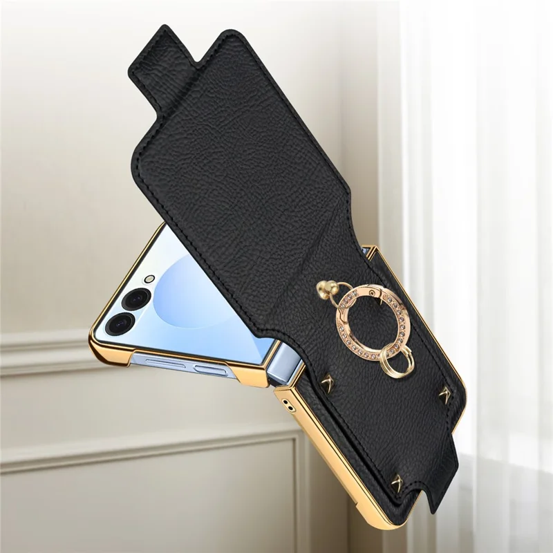For Samsung Galaxy Z Flip7 5G Case PU + PC Protective Phone Cover with Finger Holder - Black