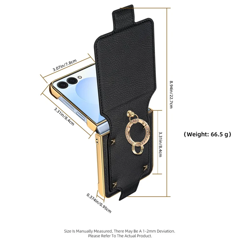For Samsung Galaxy Z Flip7 5G Case PU + PC Protective Phone Cover with Finger Holder - Black