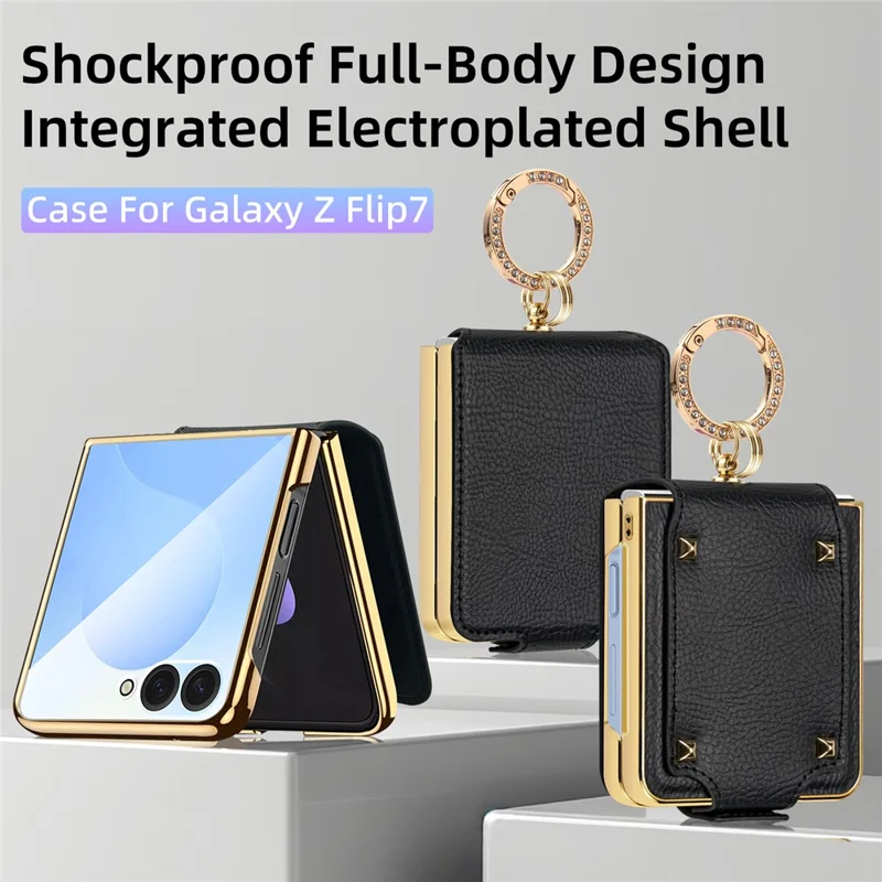 For Samsung Galaxy Z Flip7 5G Case PU + PC Protective Phone Cover with Finger Holder - Black