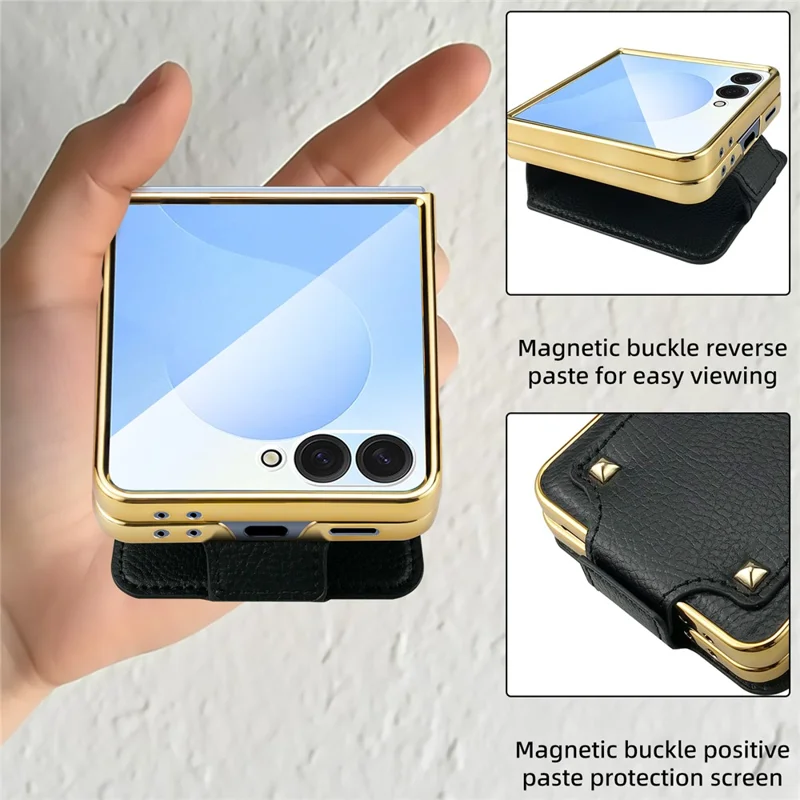 For Samsung Galaxy Z Flip7 5G Case PU + PC Protective Phone Cover with Finger Holder - Black