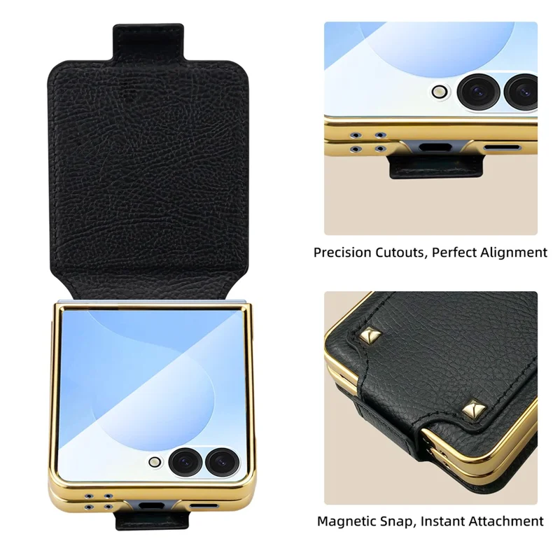For Samsung Galaxy Z Flip7 5G Case PU + PC Protective Phone Cover with Finger Holder - Black