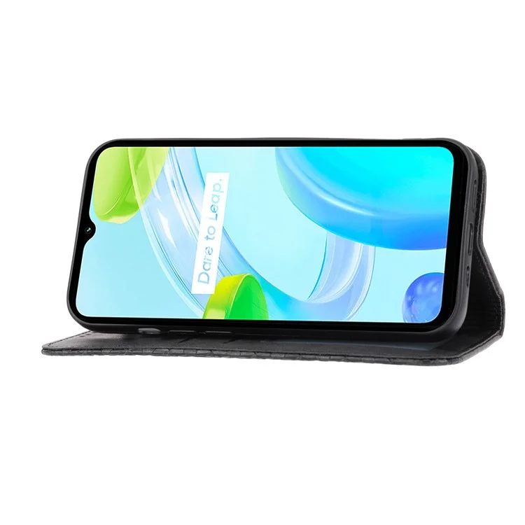 Текстура Теленка Для Телефона Для Realme C30 4G, PU Кожаный Отпечаток Rombus Pettleme Pattern Stand Flip Cover с Ремешком с Ремешком - Черный