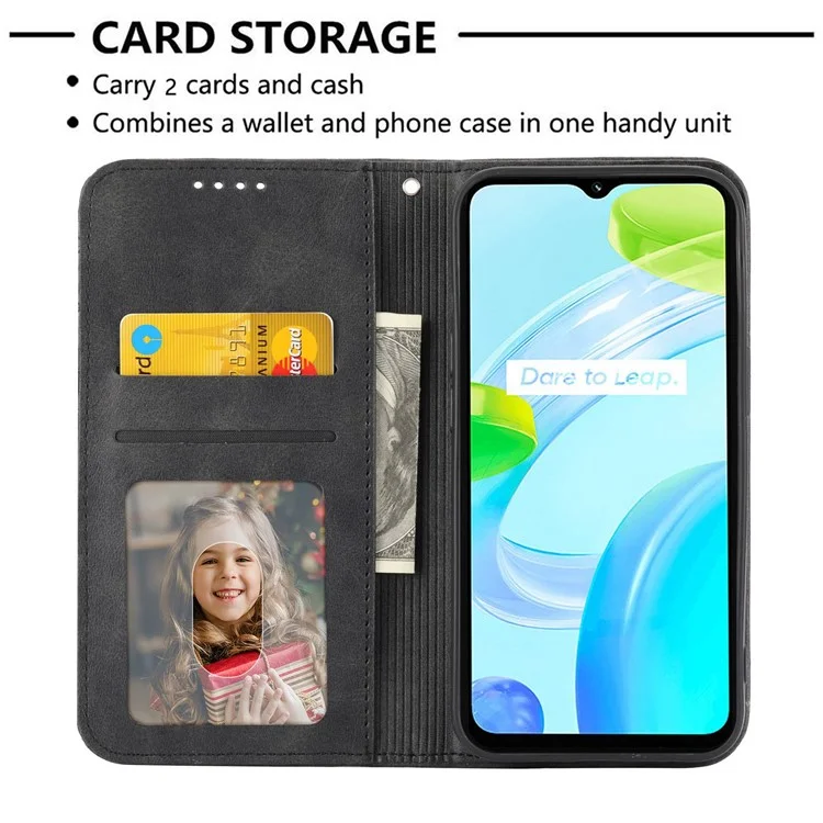 Текстура Теленка Для Телефона Для Realme C30 4G, PU Кожаный Отпечаток Rombus Pettleme Pattern Stand Flip Cover с Ремешком с Ремешком - Черный