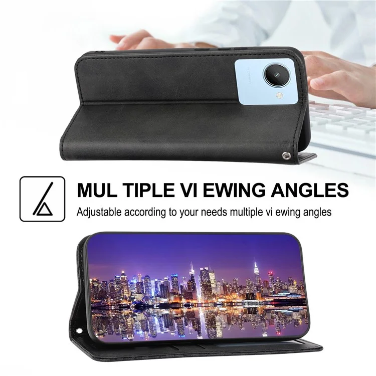 Текстура Теленка Для Телефона Для Realme C30 4G, PU Кожаный Отпечаток Rombus Pettleme Pattern Stand Flip Cover с Ремешком с Ремешком - Черный