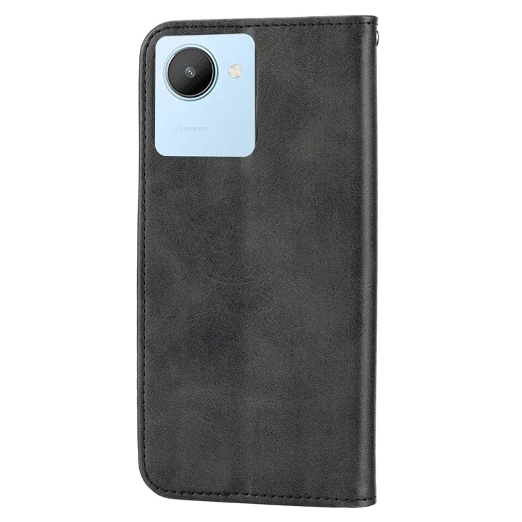 Текстура Теленка Для Телефона Для Realme C30 4G, PU Кожаный Отпечаток Rombus Pettleme Pattern Stand Flip Cover с Ремешком с Ремешком - Черный