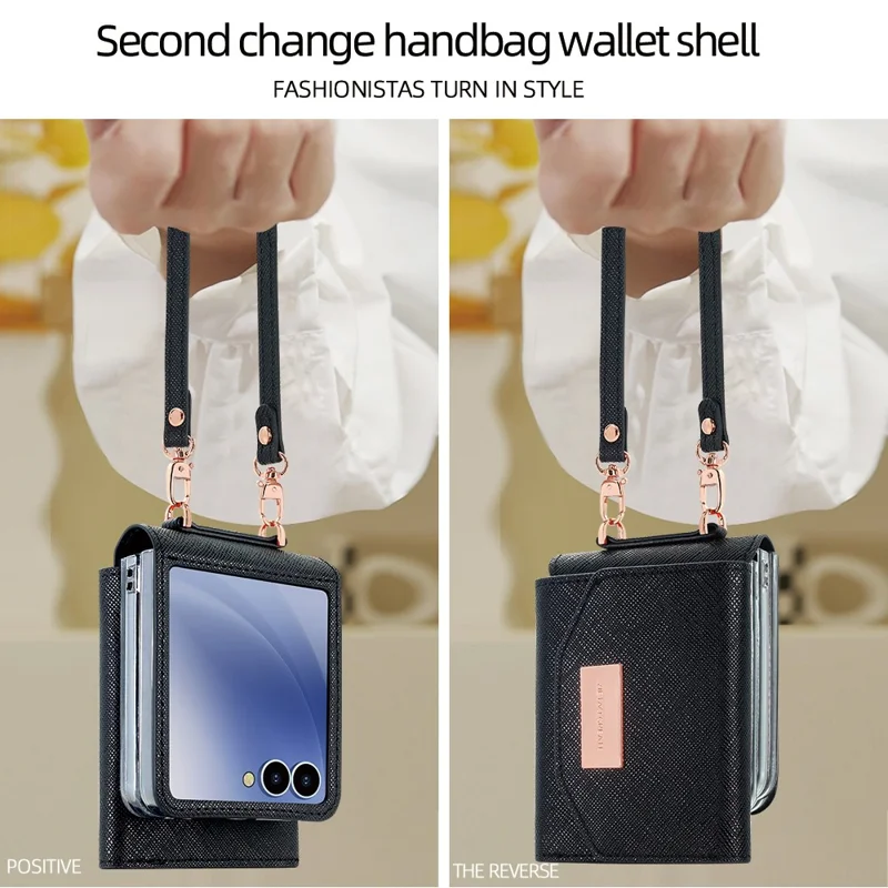 Für Samsung Galaxy Z Flip7 5G Wallet Hülle PU + PC Stoßfeste Handyhülle mit Handgelenkband - Schwarz