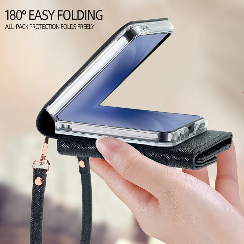 Für Samsung Galaxy Z Flip7 5G Wallet Hülle PU + PC Stoßfeste Handyhülle mit Handgelenkband - Schwarz