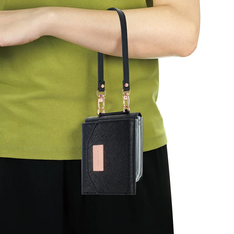 Für Samsung Galaxy Z Flip7 5G Wallet Hülle PU + PC Stoßfeste Handyhülle mit Handgelenkband - Schwarz