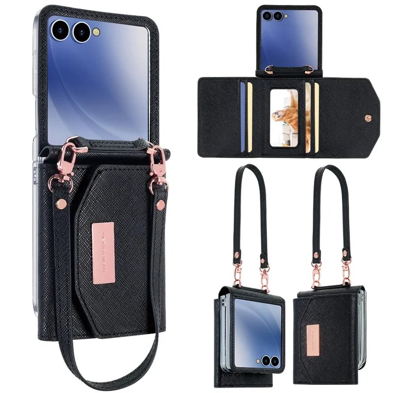 Für Samsung Galaxy Z Flip7 5G Wallet Hülle PU + PC Stoßfeste Handyhülle mit Handgelenkband - Schwarz