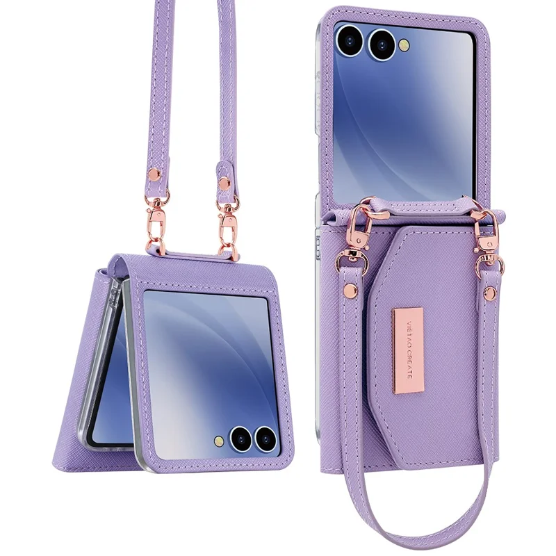 Cover a portafoglio per Samsung Galaxy Z Flip7 5G in PU + PC antiurto con cinturino da polso - Viola