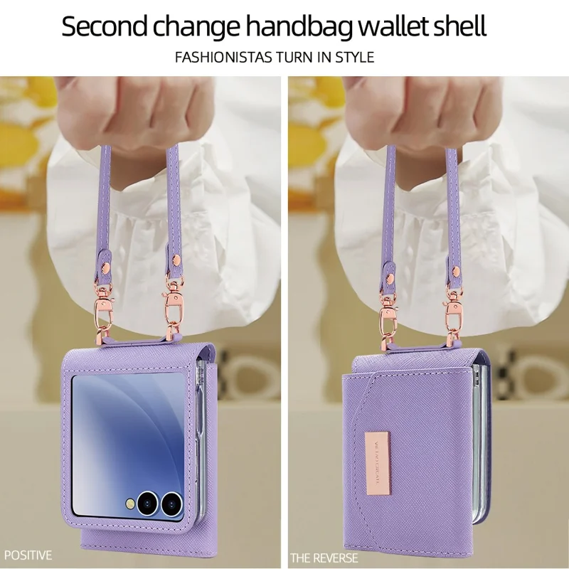Cover a portafoglio per Samsung Galaxy Z Flip7 5G in PU + PC antiurto con cinturino da polso - Viola