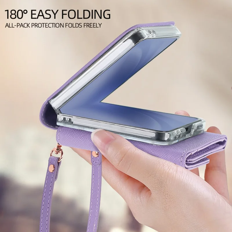 Cover a portafoglio per Samsung Galaxy Z Flip7 5G in PU + PC antiurto con cinturino da polso - Viola