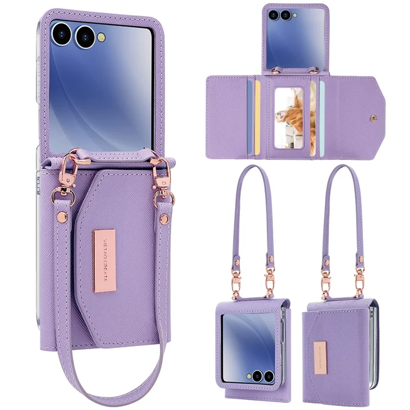 Cover a portafoglio per Samsung Galaxy Z Flip7 5G in PU + PC antiurto con cinturino da polso - Viola