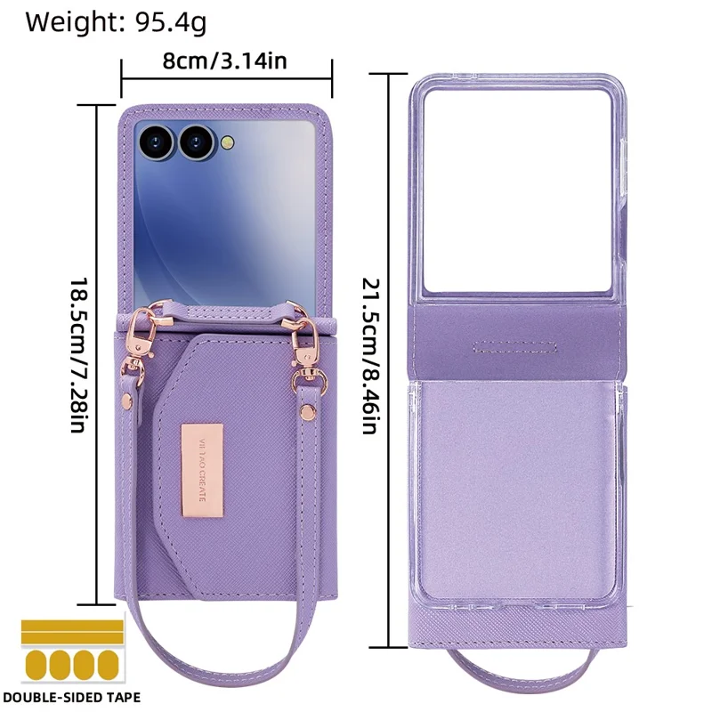 Cover a portafoglio per Samsung Galaxy Z Flip7 5G in PU + PC antiurto con cinturino da polso - Viola
