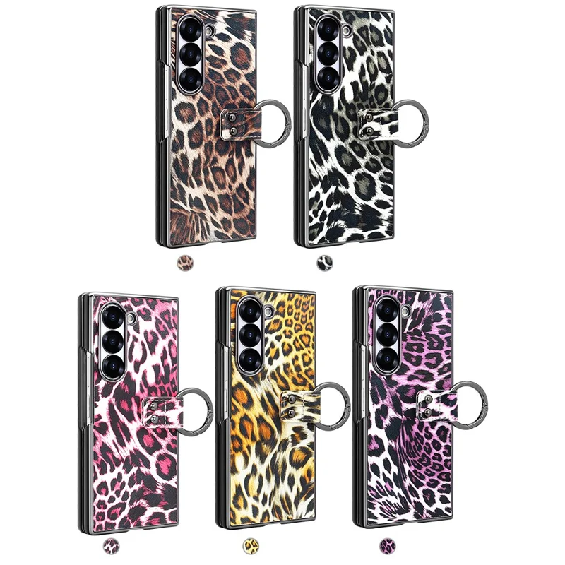Étui pour Samsung Galaxy Z Fold6 5G Motif Léopard en Cuir PU et PC avec Film de Verre Trempé / Support de Bague - Noir