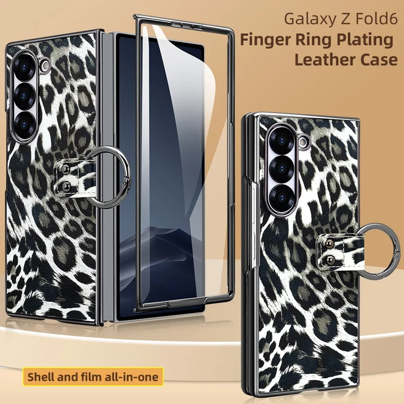 Étui pour Samsung Galaxy Z Fold6 5G Motif Léopard en Cuir PU et PC avec Film de Verre Trempé / Support de Bague - Noir