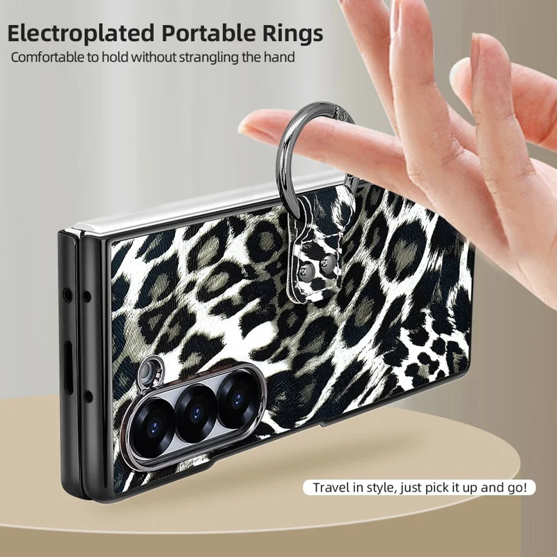 Étui pour Samsung Galaxy Z Fold6 5G Motif Léopard en Cuir PU et PC avec Film de Verre Trempé / Support de Bague - Noir