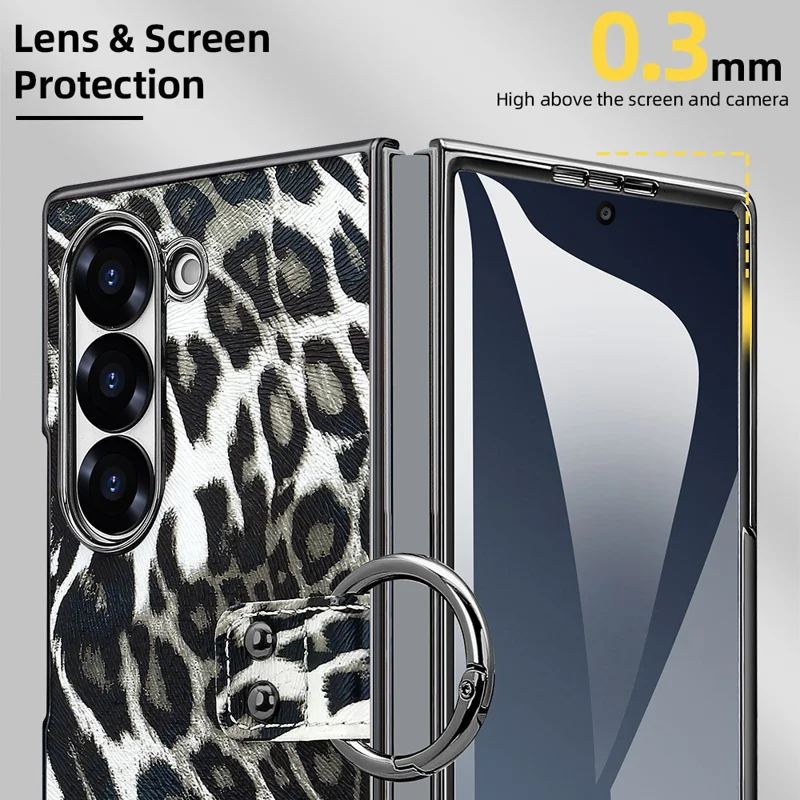 Étui pour Samsung Galaxy Z Fold6 5G Motif Léopard en Cuir PU et PC avec Film de Verre Trempé / Support de Bague - Noir