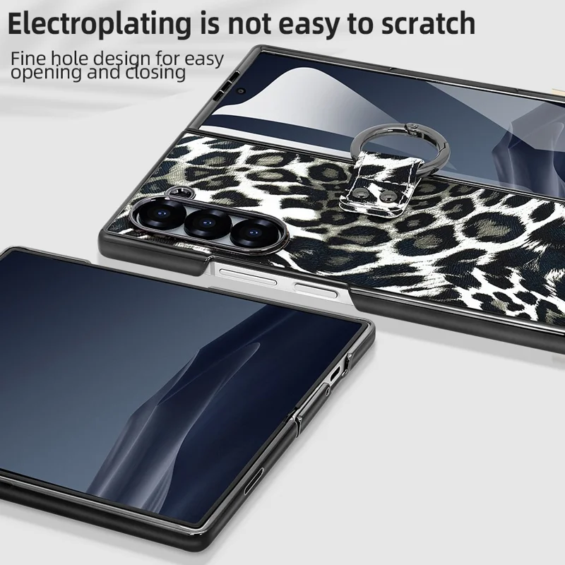 Étui pour Samsung Galaxy Z Fold6 5G Motif Léopard en Cuir PU et PC avec Film de Verre Trempé / Support de Bague - Noir