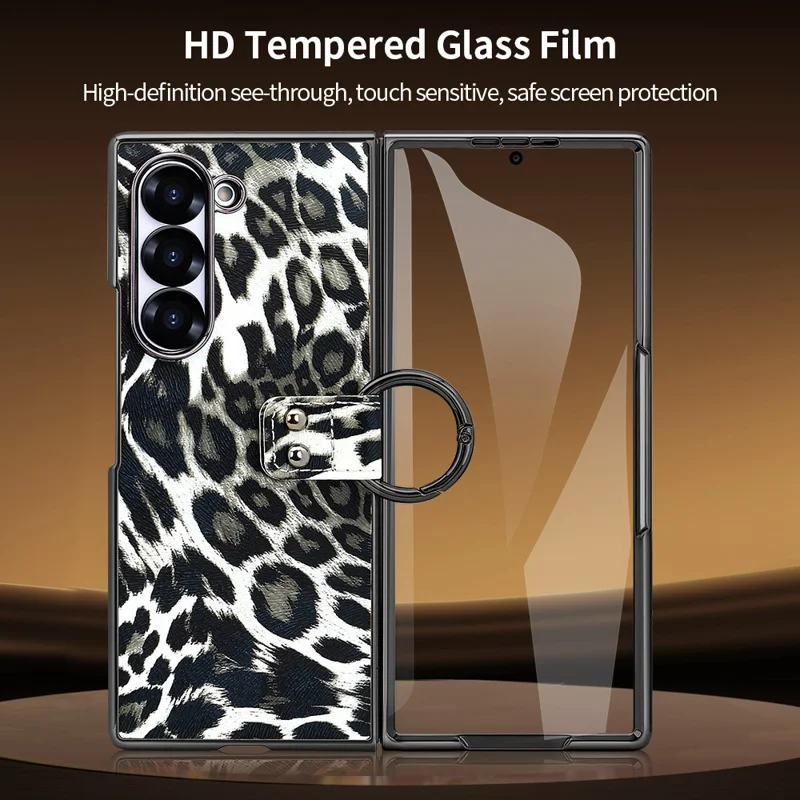 Étui pour Samsung Galaxy Z Fold6 5G Motif Léopard en Cuir PU et PC avec Film de Verre Trempé / Support de Bague - Noir