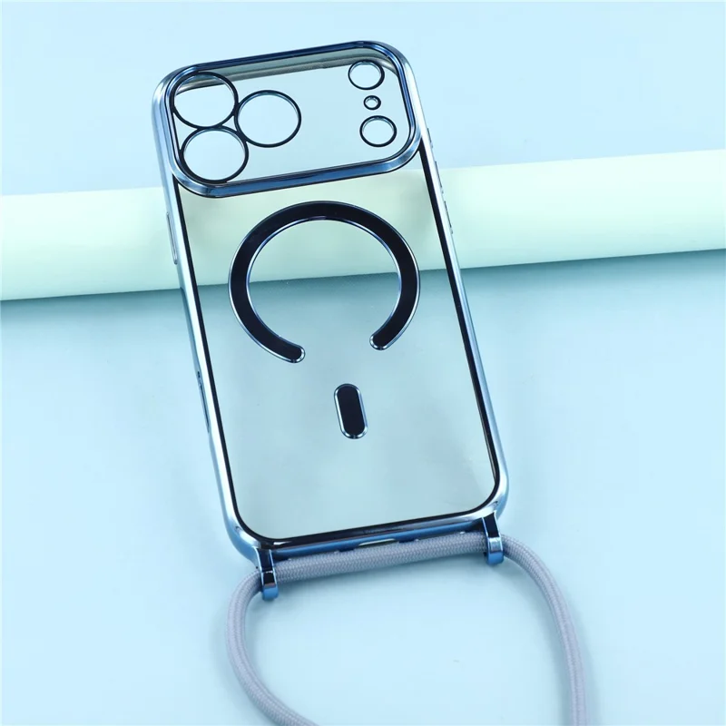 Étui magnétique pour iPhone 17 Pro, avec bordure électroplaquée, coque TPU et film d'écran / dragonne - Bleu
