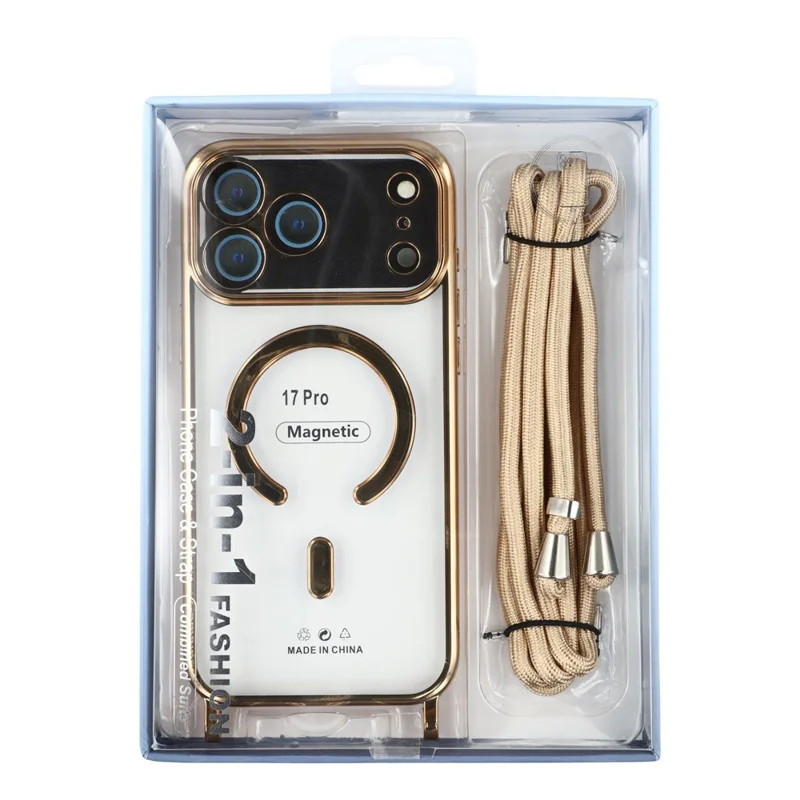 Étui magnétique pour iPhone 17 Pro, avec bordure électroplaquée, coque TPU et film d'écran / dragonne - Bleu