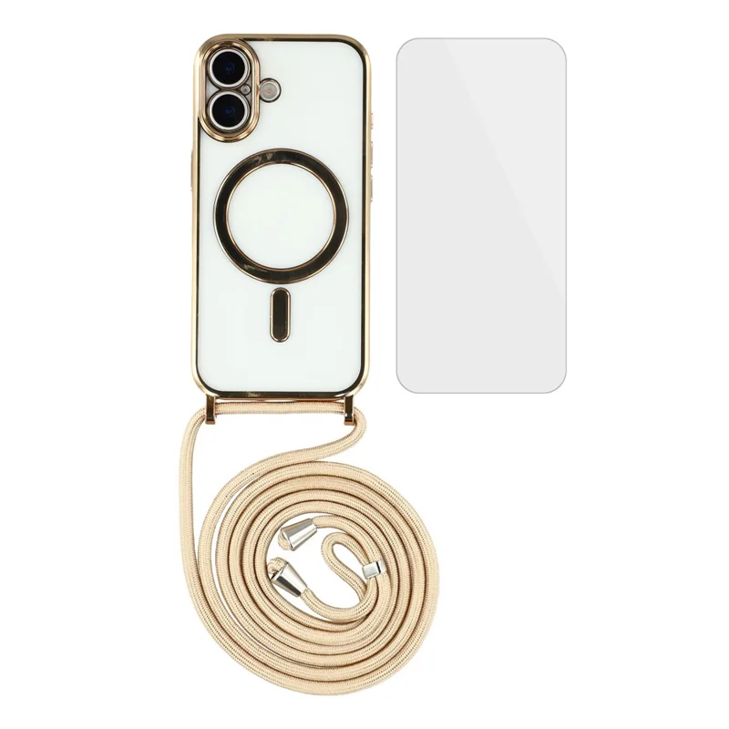 For iPhone 17 Case Compatible with MagSafe Electroplating Edge TPU Phone Cover with Screen Film / Shoulder Strap - Gold