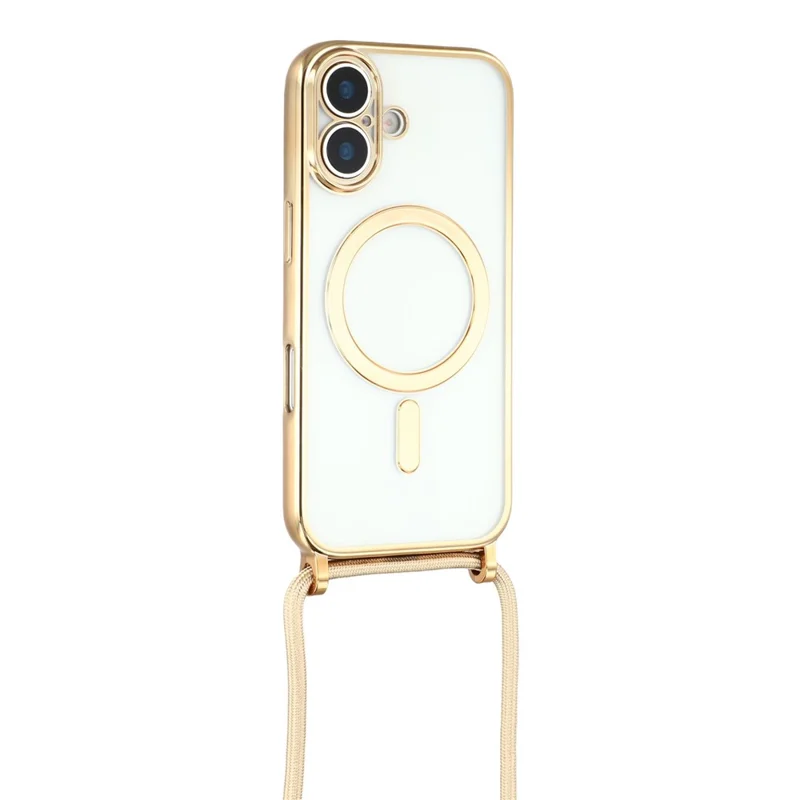 For iPhone 17 Case Compatible with MagSafe Electroplating Edge TPU Phone Cover with Screen Film / Shoulder Strap - Gold
