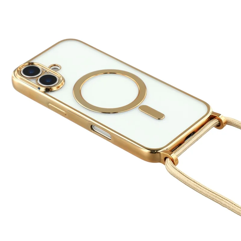 For iPhone 17 Case Compatible with MagSafe Electroplating Edge TPU Phone Cover with Screen Film / Shoulder Strap - Gold