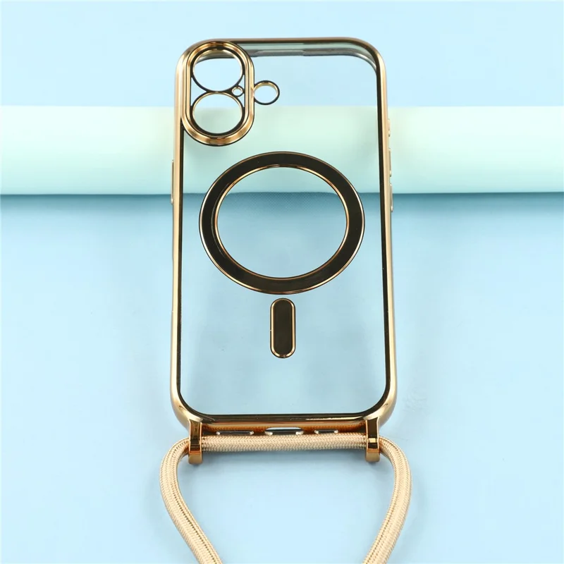 For iPhone 17 Case Compatible with MagSafe Electroplating Edge TPU Phone Cover with Screen Film / Shoulder Strap - Gold