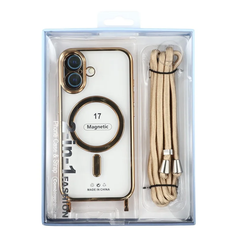 For iPhone 17 Case Compatible with MagSafe Electroplating Edge TPU Phone Cover with Screen Film / Shoulder Strap - Gold