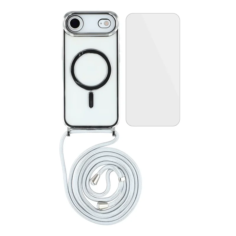 Étui magnétique pour iPhone 17 avec bordure électroplaquée Coque de téléphone TPU avec film d'écran / Sangle d'épaule - Argent
